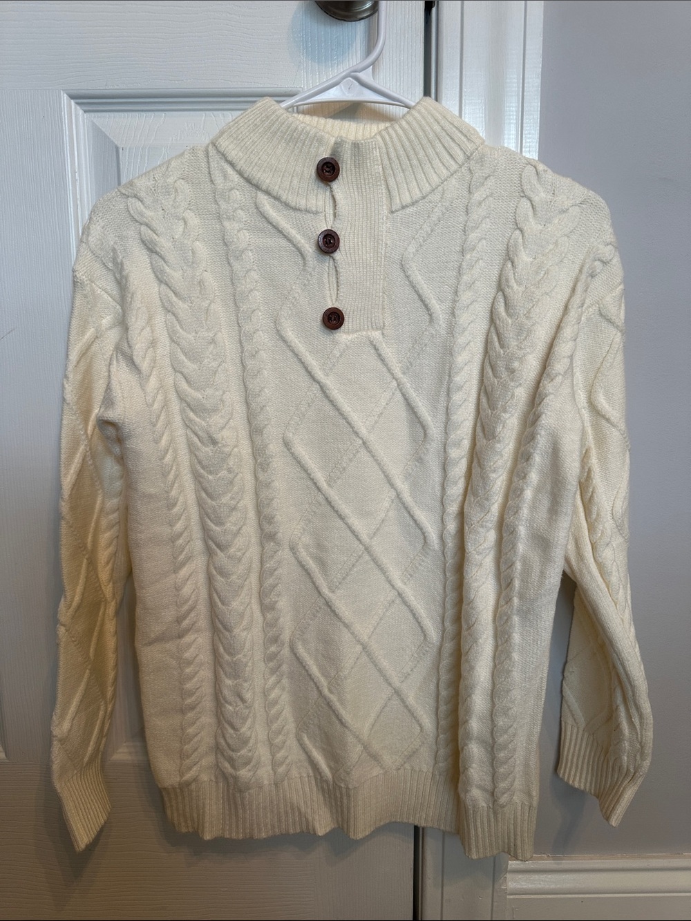 Amazon Ivory Cable-Knit Mock Neck Sweater with Button Placket